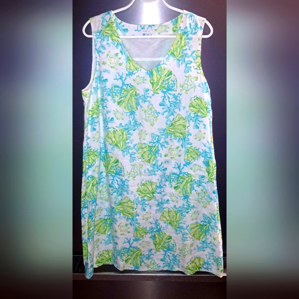 Ladies J Jill Love Linen Dress  Shift Sea Turtle Coral Ocean Beach Coastal Small